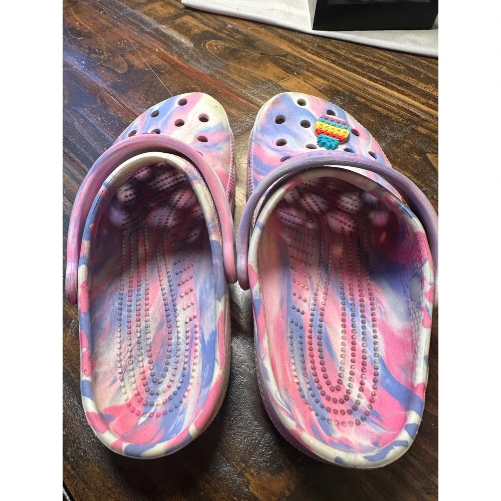 Crocs Classic Clog Kids J3 Pink Purple Blue Marble Swirl Clogs w/Jibbitz Junior
